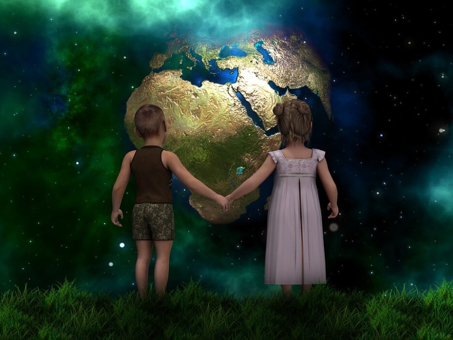 Kinder betrachten sich die Erde (geralt, Pixabay)